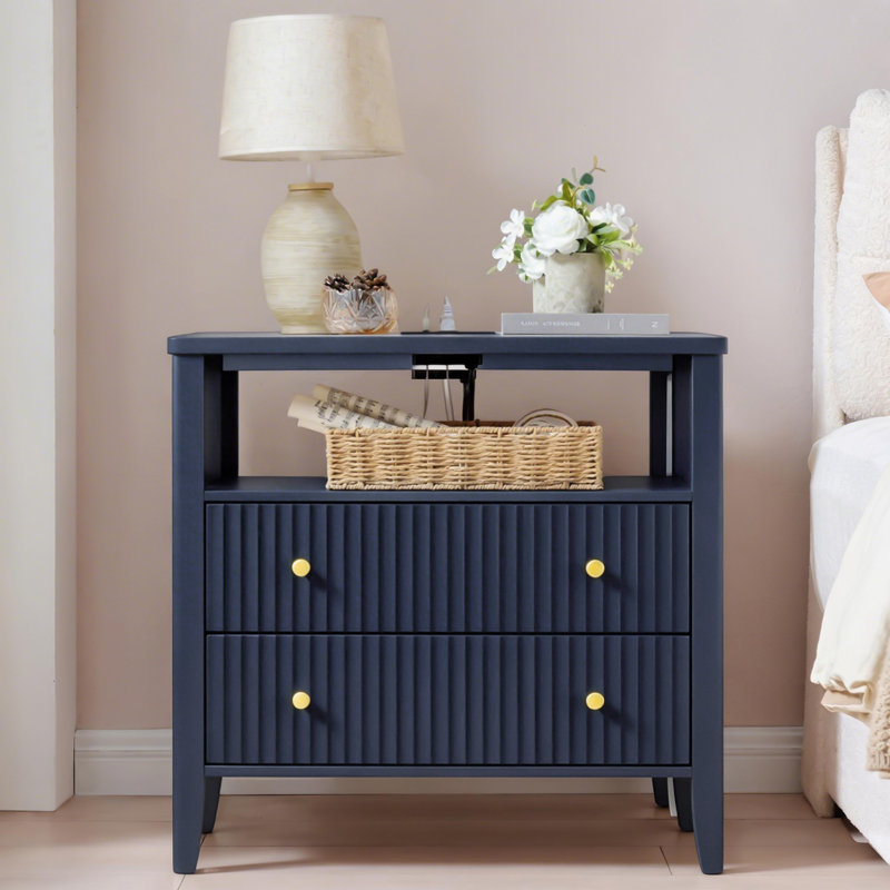 27'' Fluted Nightstand with Charging Station, 2-Drawer Bedside Table with Open Shelf and Solid Wood Legs, Individual, Blue