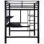 Lit mezzanine double poste de travail complet en noir, avec échelles, garde-corps et espace de travail spacieux pour lit de productivité, finition noire, plateau de rangement pour clavier