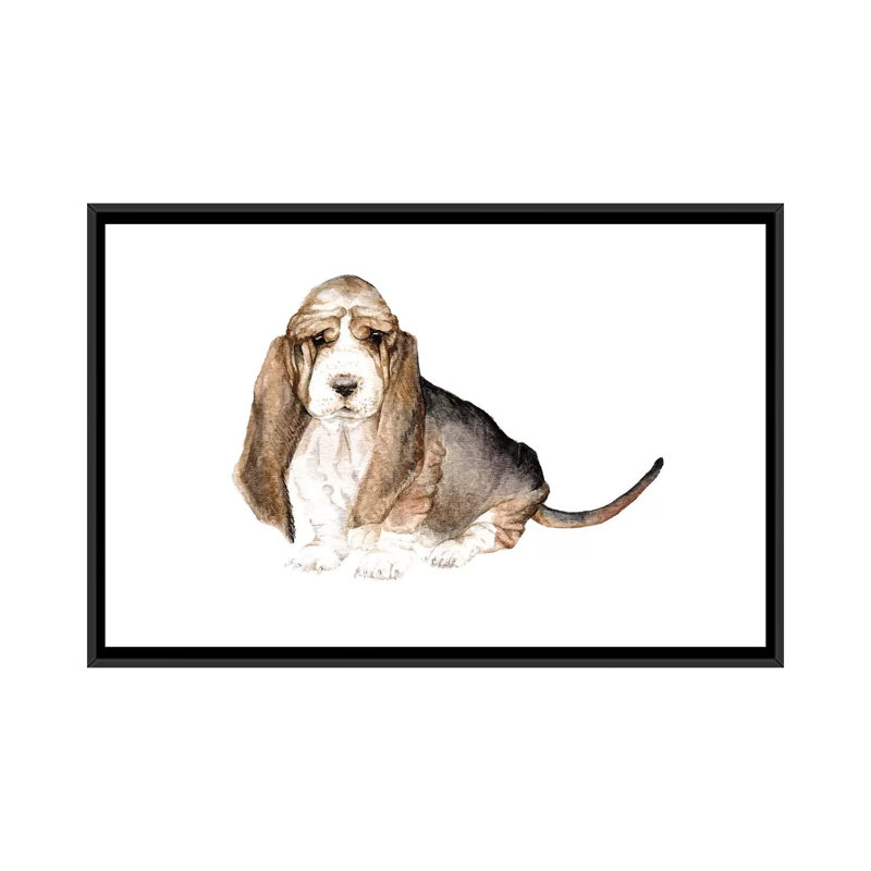 « basset hound », reproduction sur toile, H 18 po x l 26 po x P 1,5 po, Toile avec cadre noir, Pas de tapis
