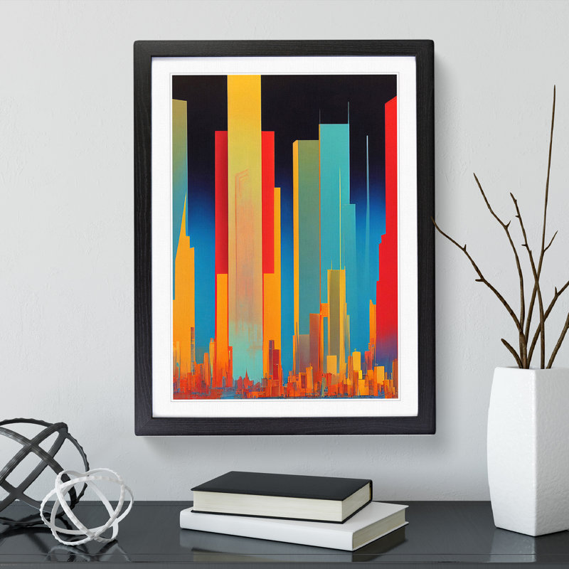 Animated City Skyline Abstract - Wall Art, Black Framed, 64cm H x 46cm W