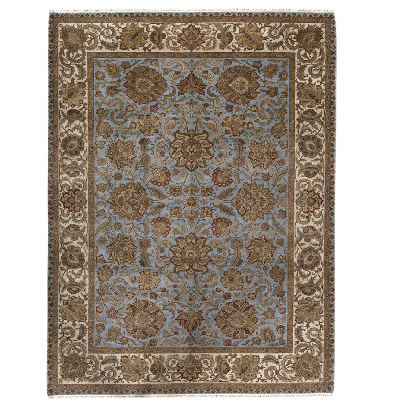 Tapis bleu clair / ivoire / brun noué à la main de haute qualité