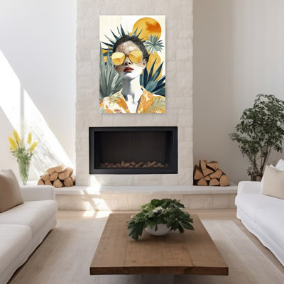 Été, femme, lunettes de soleil, contemporain, plage vibrante, portrait, art mural