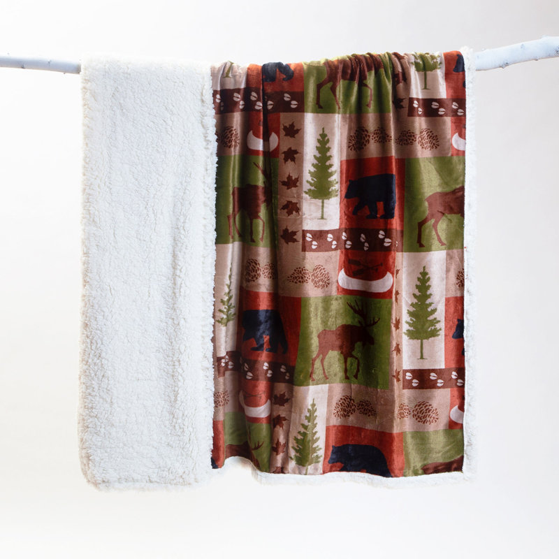 Rustic Patchwork Lodge Reversible Sherpa Fleece Throw Blanket