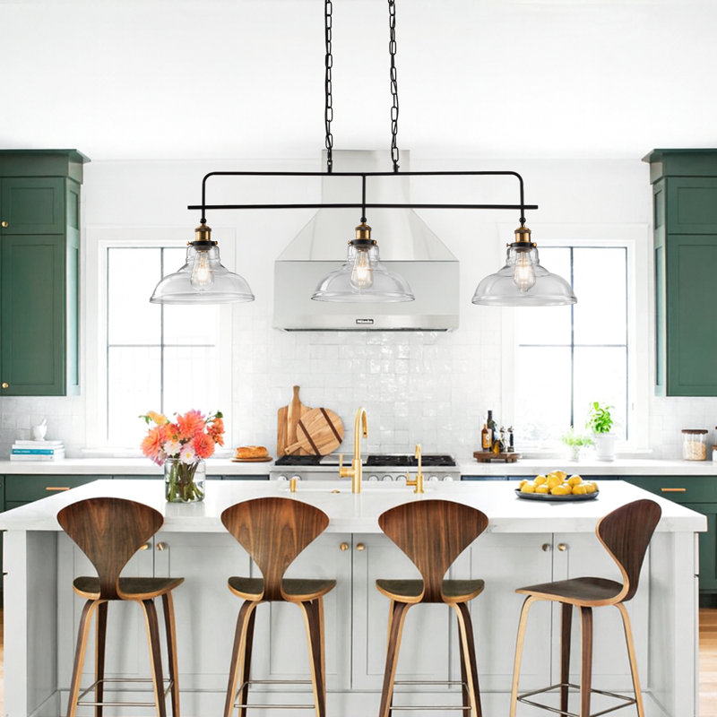 3-Pack Industrial Kitchen Island Pendant Light – Wood & Clear Glass With Brushed Bronze Finish, Hanging Ceiling Fixture For Sink, Bar Or Hallway