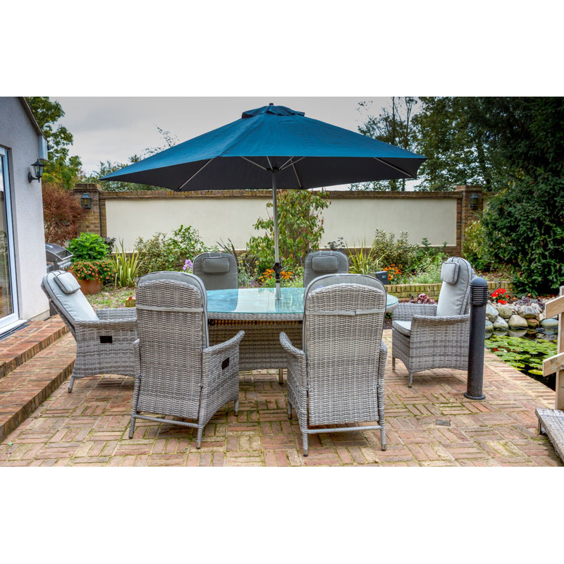 Jaffrey 6 - Person Wicker Patio Dining Set with Oval Table , Cushions Included, Grey, Light Grey