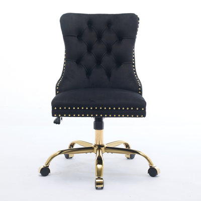 Modern American Design Office Chair, Black, Velvet Upholstered, Adjustable Swivel With Golden Electroplated Metal Base, Button, Handcrafted Nailhead Trim, Long - Term Comfort For Home Design, Black