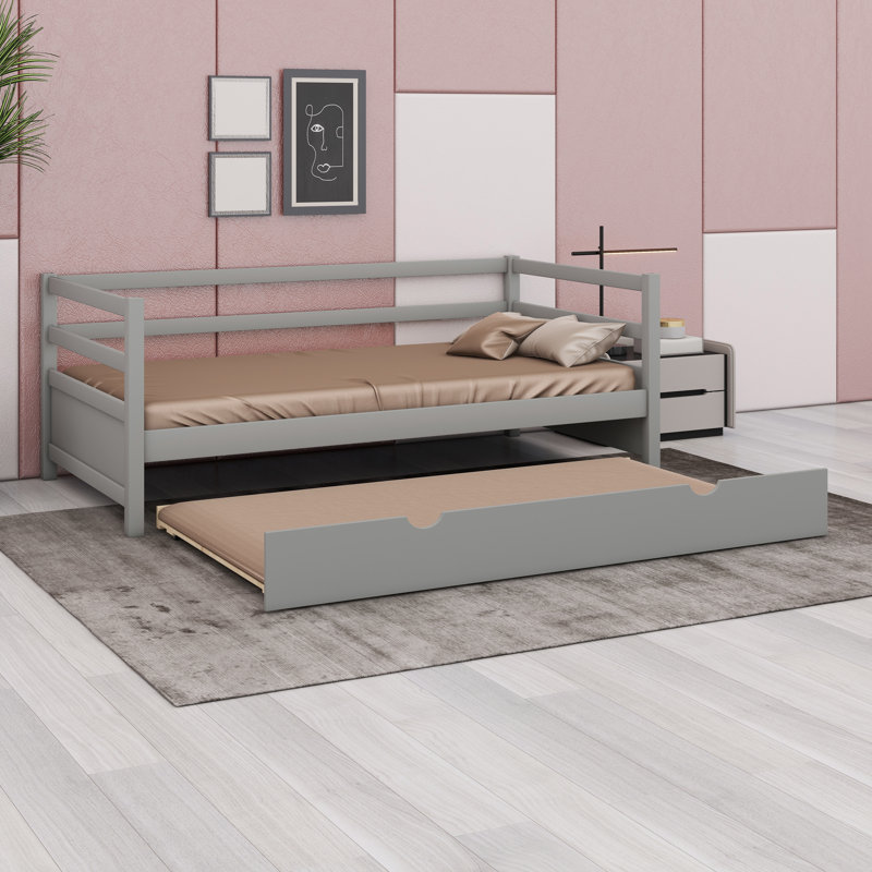 Structure de lit de jour en bois massif avec lit gigogne escamotable, Gris