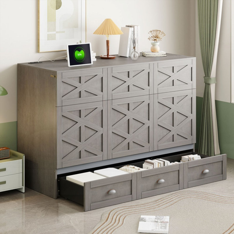 Lit escamotable pleine grandeur avec grands tiroirs - peu encombrant Robuste (L 75,5 po x l 56 po x H 42,7 po), gris, Full