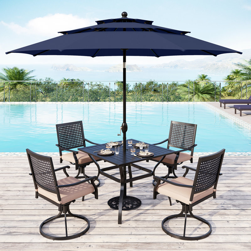Leonard 4 - Person Patio Dining Set with Square Table , Cushions Included, Navy