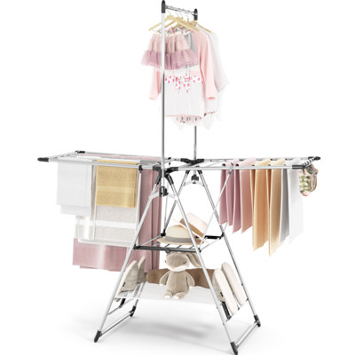 Clothes Drying Rack with High Hanger, Foldable 3-Level Drying Racks with Shoe Rack, Crossbar and Vertical Rod Laundry Stand with Adjustable Wings Silver