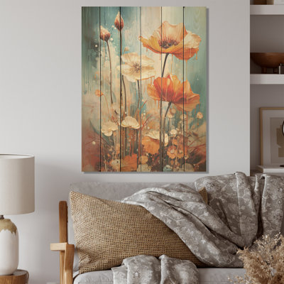 Peach Wonderland Flower Garden I - Fleurs, art sur bois de pin naturel