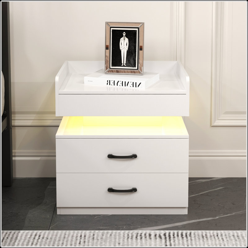 1 Set Nightstand with Adjustable LED Strip Light, 2-drawers, Large Storage Space, Suitable for Bedside Table, Coffee Table, Sofa Side Table or End Table for Study Desk