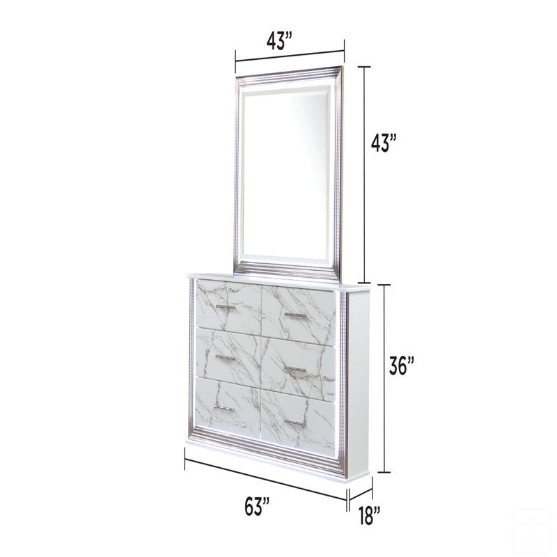 Dresser Marble Patterned Drawer Fronts With Sleek White Finish, Metallic Handle  And Six Spacious Drawers