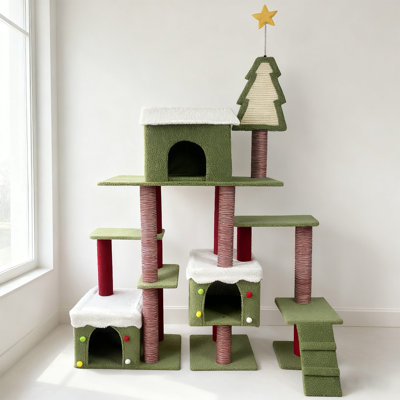 Arbre à chat, tour de chat d'intérieur à thème de Noël, terrain de jeu d'escalade à plusieurs niveaux avec poteaux à griffer en sisal et cachettes douillettes, centre d'activités festives pour chatons et chats adultes