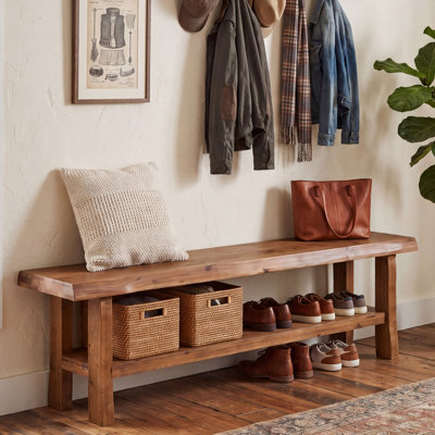 Farmhouse Solid Wood Entryway Shoe Bench, 2-Tier Storage Bench With Lower Storage Shelf For Entrance, Entry Way