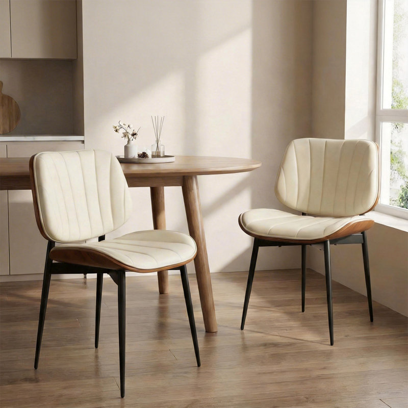 Ensemble de 2 chaises de salle à manger, similicuir Mid-Century moderne, bois cintré noyer, îlot de cuisine, beige