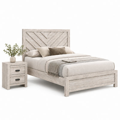 Ensemble de chambre à coucher grand lit, beige, bois noir, ensemble de 2 pièces avec table de chevet