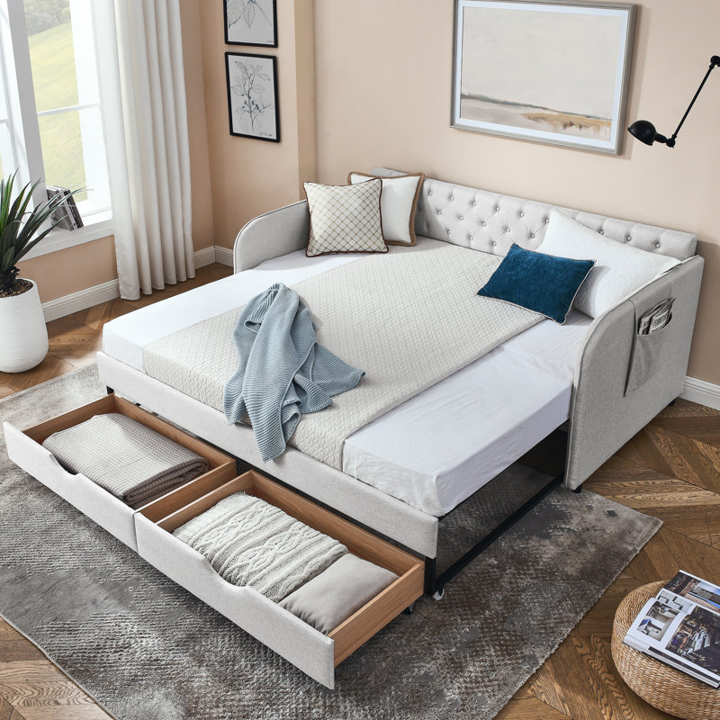 Lit de jour en lin beige avec lit gigogne et options de rangement, moderne pour le salon, l'espace, l'espace classique,