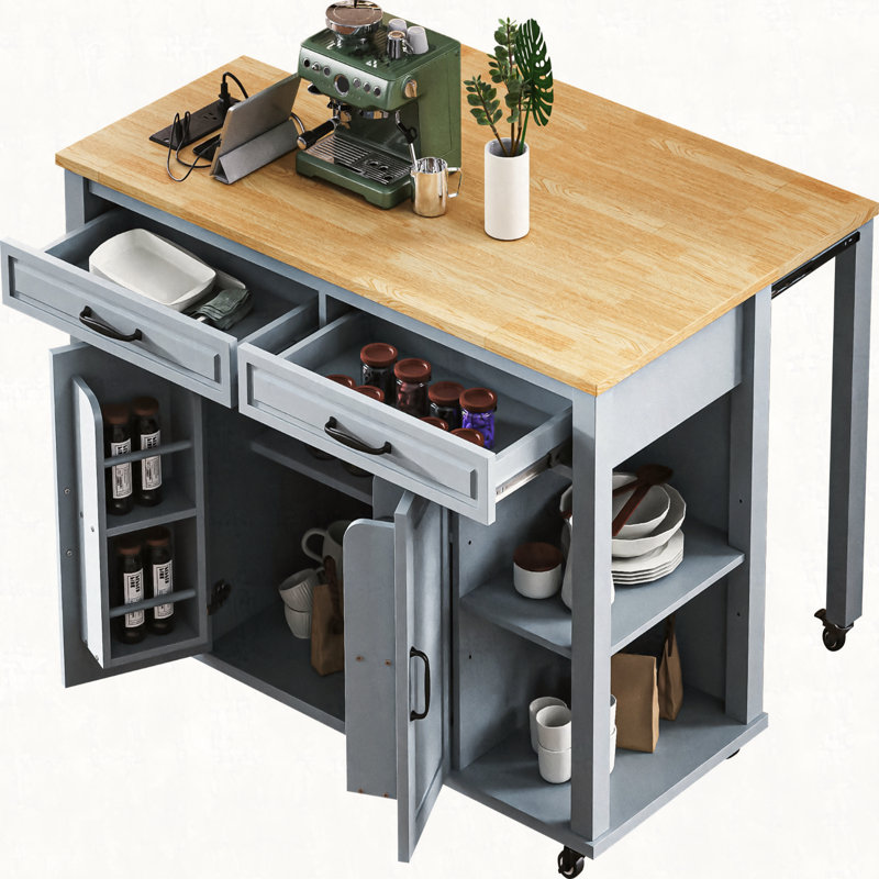 47 inch Kitchen Island with Extendable Dining Table, Rubber Wood Veneer Kitchen Table with Internal Storage Rack, Power Outlet, Kitchen island with Storage 2 Drawers 2 Cabinet
