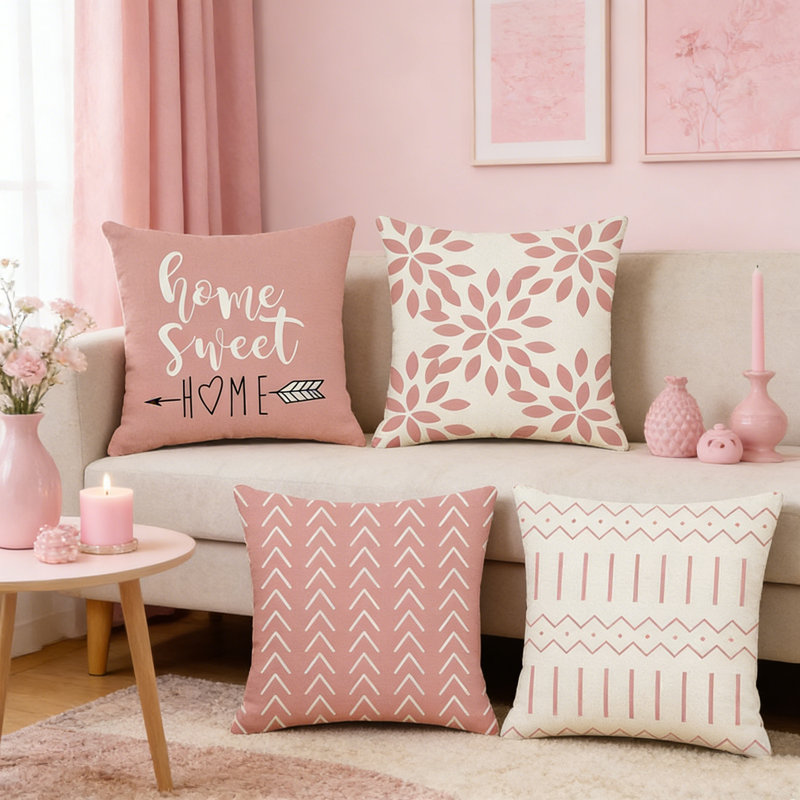Ensemble de 4 housses de coussins décoratifs en lin 18 x 18 pouces, Rose géométrique