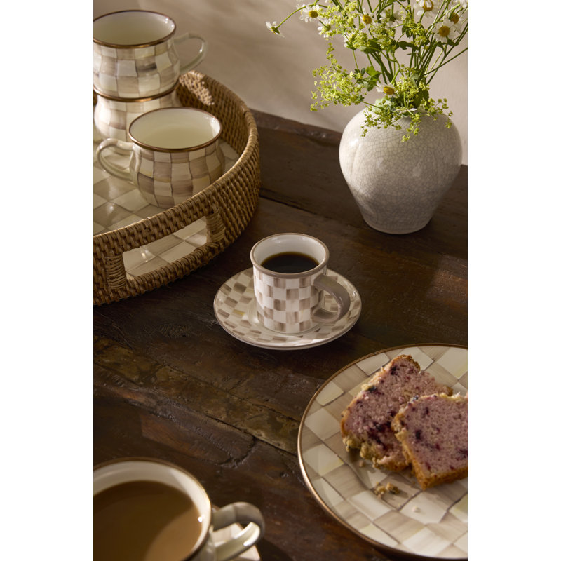 Sterling Check Stoneware Espresso Cup and Saucer, Set of 4, Pink/White