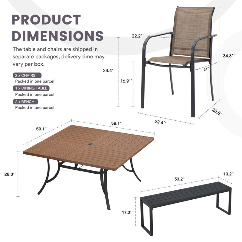 Ensemble de patio 7 pièces comprenant une table carrée de 59 po, 4 chaises empilables et 2 bancs, Brun / brun
