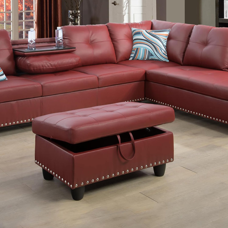 Tufted Storage Ottoman With Nailhead Trim, Red