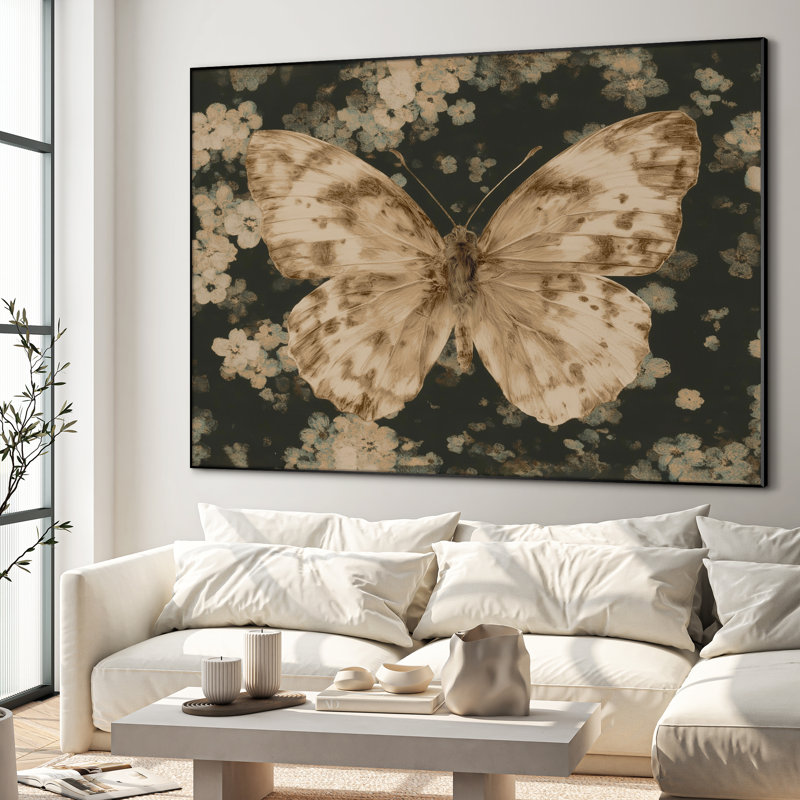 Très grande reproduction d'art sur tissu mural - Papillon sépia avec accents floraux, décoration pour le salon ou la chambre à coucher - «Assemblage requis du cadre (cadre non fini)»