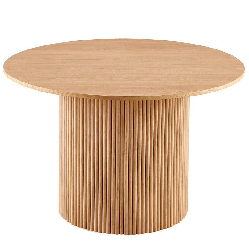 Walnut Wood Veneer Tabletop 47 Inch Round Dining Table For 4, Modern Farmhouse Kitchen Table, 47 Inch Round Dining Tables With Wood Strip Base