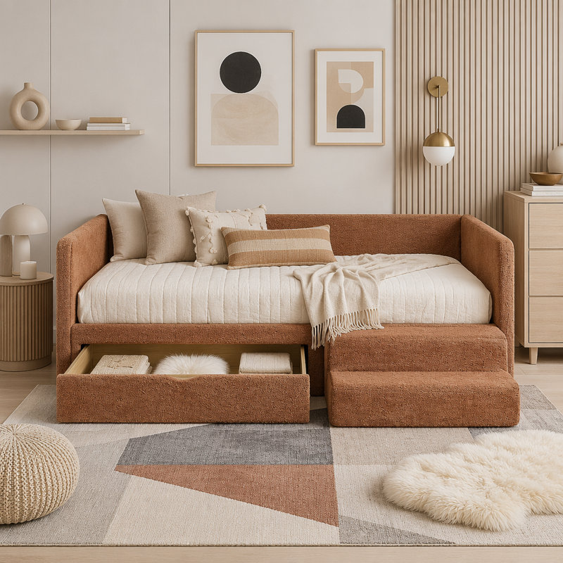Lit simple pour enfant avec garde-corps, tiroir de rangement et marchepied, Orange
