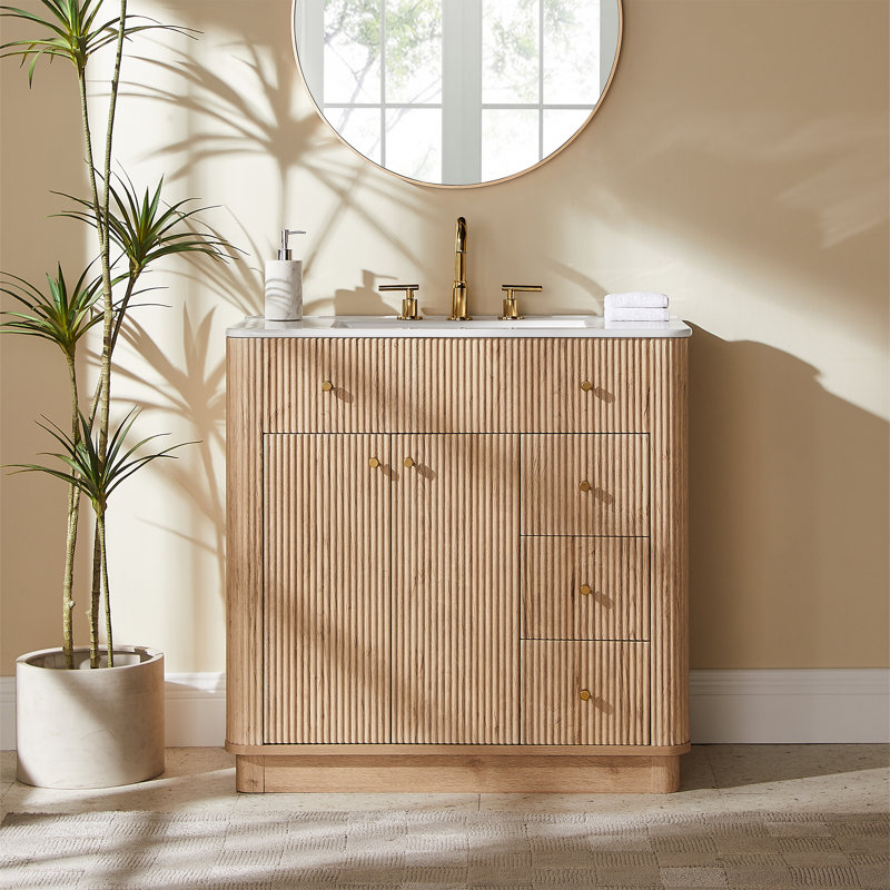 Meuble-lavabo cannelé 35,8 po, évier intégré en céramique, 3 tiroirs et armoire de plancher réglable, Chêne naturel