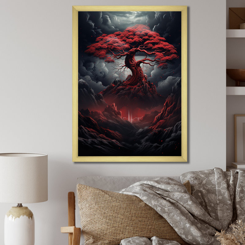 «Occult Red Tree Full Moon Mountain Magic I», reproduction sur toile, H 44 po x l 34 po x P 1,5 po, Cadre doré simple
