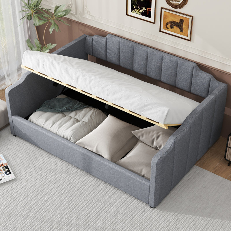 Lit de jour rembourré avec rangement inférieur, double, gris, Gris