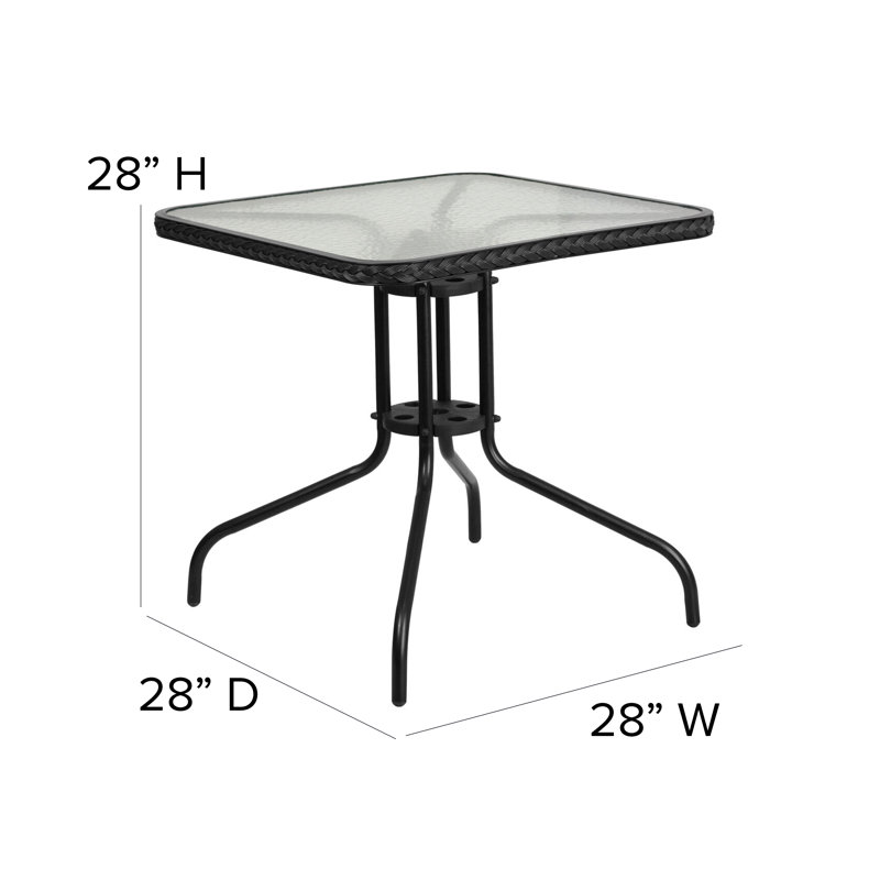 Amlie 28'' Square Glass Metal Table with Rattan Edging and 2 Rattan Stack Chairs, Black