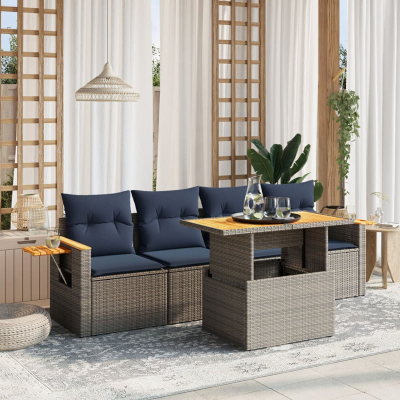  Ensemble de canapé de patio 5 pièces avec coussins en rotin de polyester, Gris, Bleu