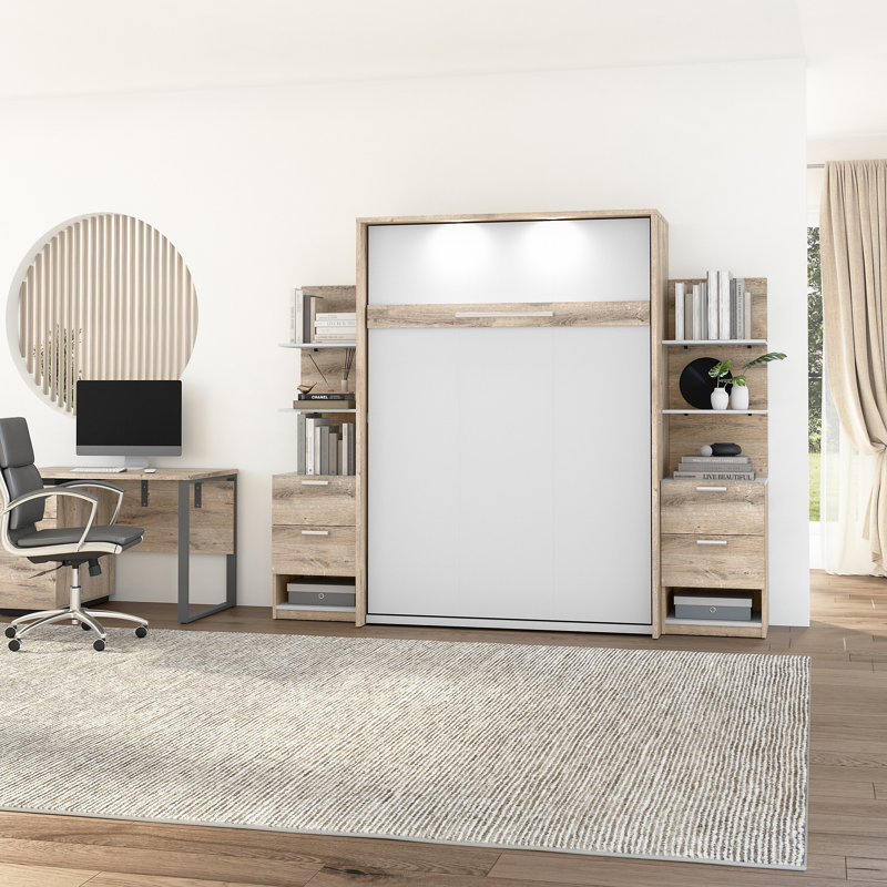 Lit escamotable avec tables de chevet et tablettes flottantes Osterman, Double, Brun rustique et blanc