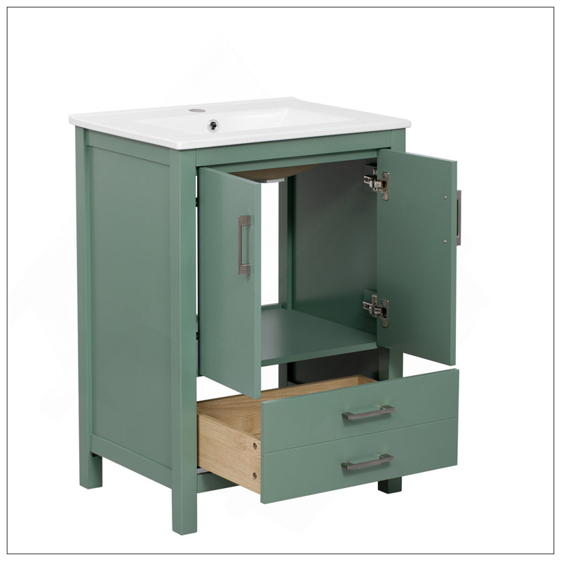 Meuble-lavabo 24 po avec lavabo en céramique, meuble Storae autoportant moderne avec poignées argentées, portes à fermeture douce