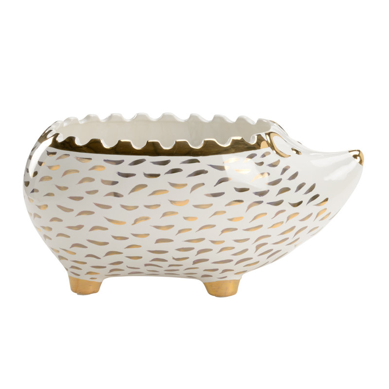 Hedgehog Ceramic Planter, White/Gold