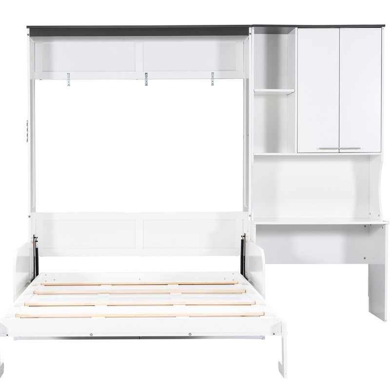 Grand lit avec rangement intégré, bureau et rangement, peu encombrant, blanc, bois et coin salon moelleux