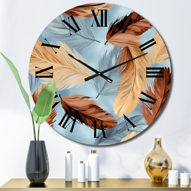 Horloge murale rétro à motif de plumes de bohème bleu et orange II, Petit