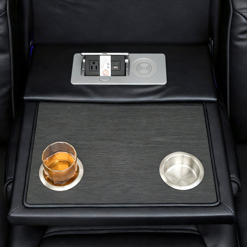 Canapé inclinable électrique en cuir 85,5 po avec table rabattable et 2 porte-gobelets, Noir