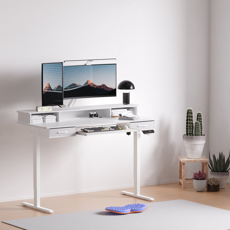 55" Inches Electric Standing Desk with Keyboard Tray, Height Adjustable Stand up Desk with 2 Drawers, Ergonomic Sit to Stand Desk with Storage Monitor Stand, Computer Table, White