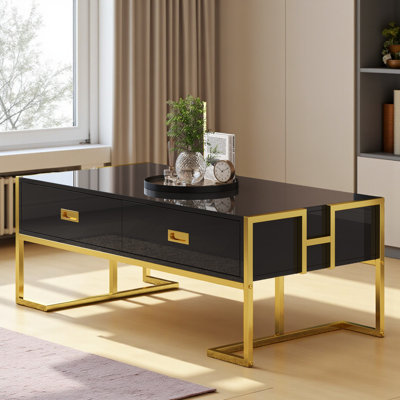 Table basse moderne moderne avec 4 tiroirs et base dorée de 47,3 po