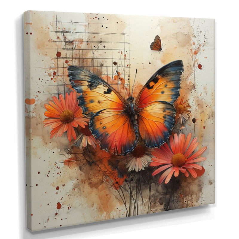 Rétro papillon orange dans un rêve floral - art mural papillon, salon, Toile tendue, 16" H x 16" W