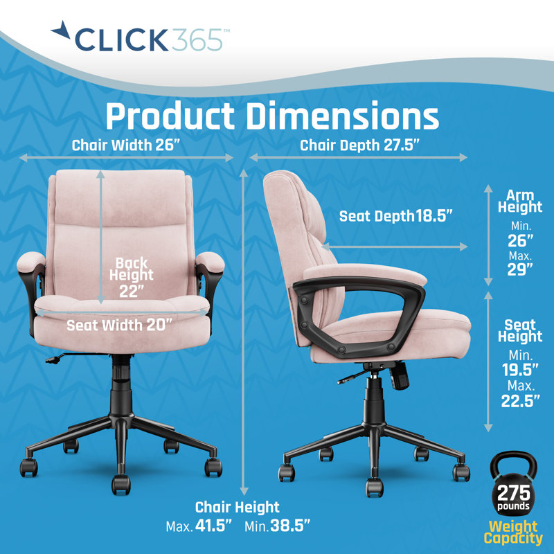 Click365 Transform 2.0 Ergonomic Mid Back Desk Chair, with Padded armrests, Adjustable-Height, Velvet, Pink