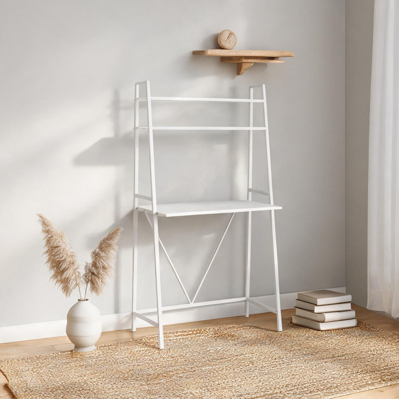 Bureau échelle incliné avec tablettes, stratifié blanc éclatant, poste de travail peu encombrant pour le bureau à domicile