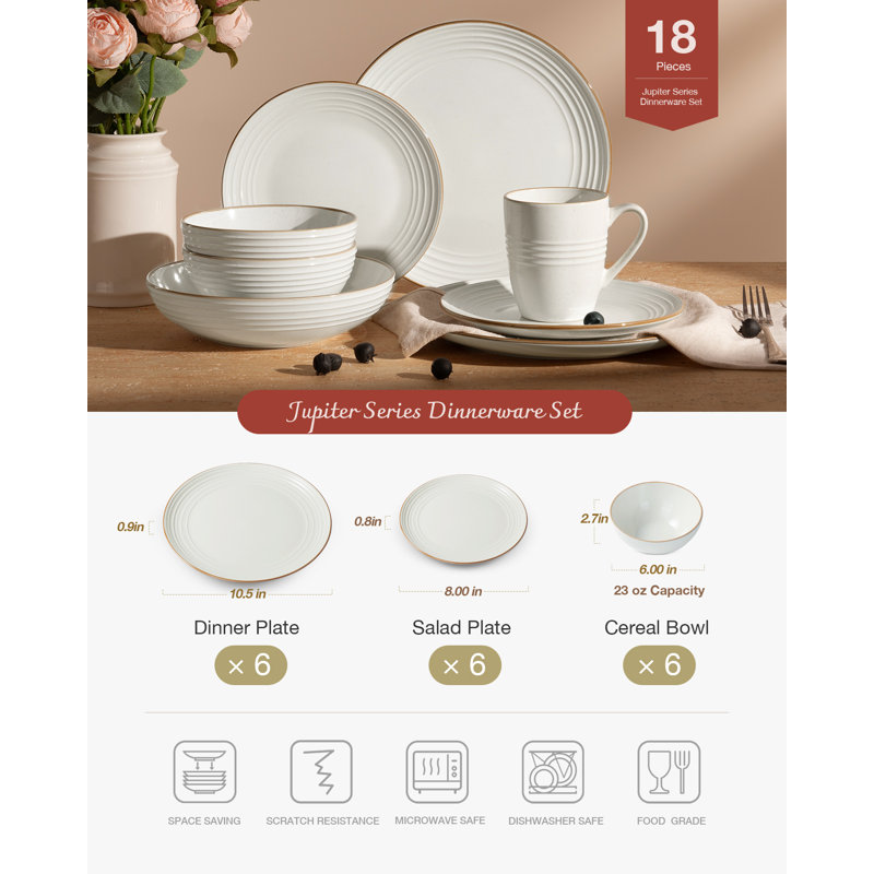 Service de table 18 pièces en grès, service pour 6, Blanc