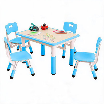 Table et 4 chaises réglables en hauteur pour enfants de 2 à 10 ans - Table d'activités/d'étude de bureau à motif graffiti - Plastique facile à nettoyer - Pieds antidérapants - Couleur : Bleu