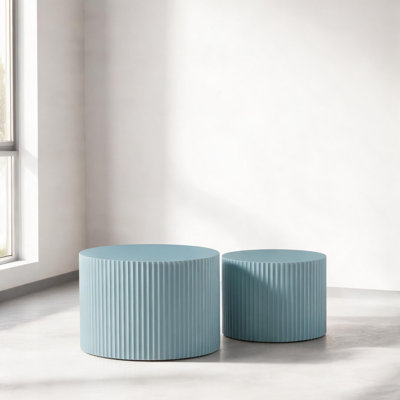 Round Nesting Coffee Table Set of 2 in Soft Blue MDF – Compact 23.6″ Small Accent Tables for Living Room