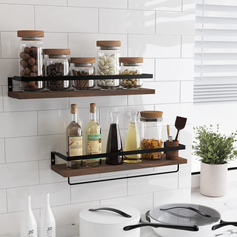 2 Piece Floating Shelf with Towel Bar, Rustic Brown